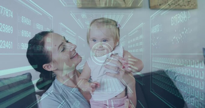 Mom lifting infant on couch, bonding while HUD overlay tracking torso and streaming health data