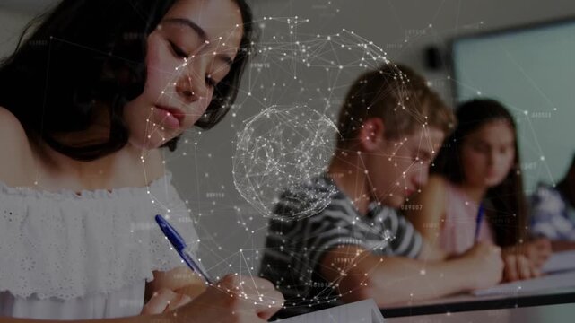 Camera focusing front-left student writing in class, animated network overlay highlighting notes