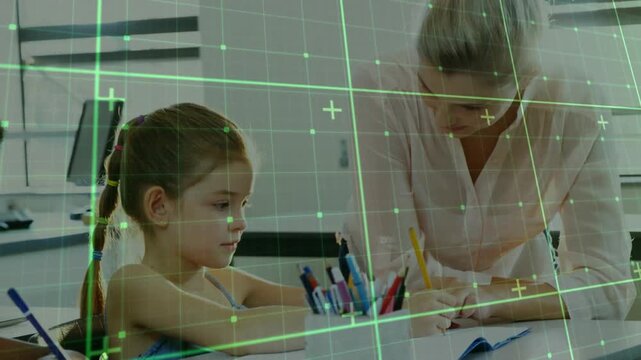 Teacher leaning and pointing, guiding student writing, green grid overlay shifting over school desk