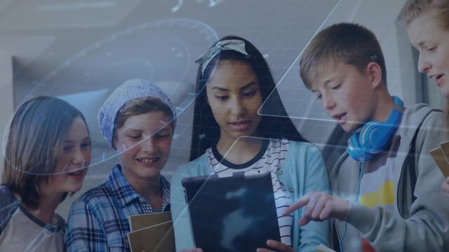 Teenager holding tablet while classmates tapping and pointing, creating educational AR on screen