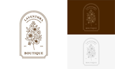 Elegant boutique logo featuring laventory floral designs on various backgrounds from different viewpoints