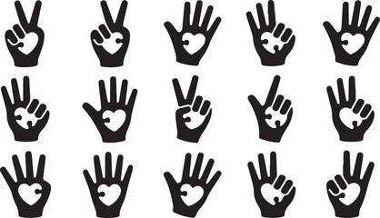 Fototapeta premium Black and white hand gesture symbols in a grid pattern peace love