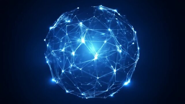 Abstract glowing sphere with connected nodes on dark blue background