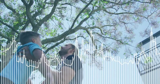 Dad stepping closer holding son lifting him high under tree audio waveform overlay for parenting ad