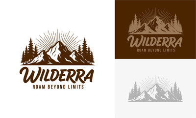 Mountain landscape logo designs featuring wilderness and trees with inspirational quotes and varying backgrounds