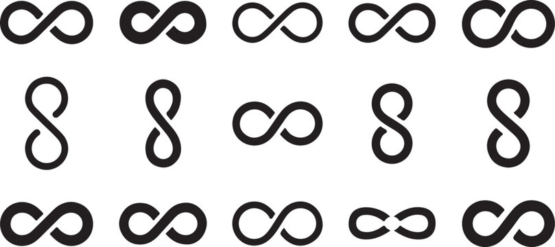 Black infinity and figure eight symbols in various orientations on white background