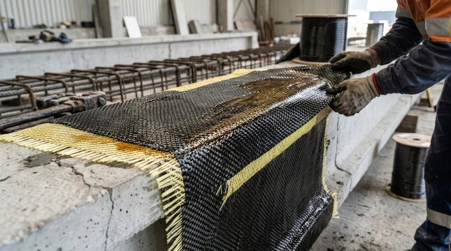 Worker Applying Carbon Fiber Composite Material on Concrete Surface for Construction Project
