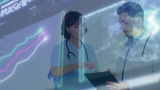 Projected health scans appearing, MDs reviewing chart, pointing while neon waveform scan overlaying