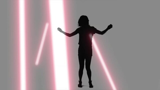 Pink neon beams entering, silhouette dancer moving, doing steps and hair flicks, showcasing form