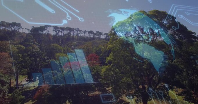 Frame two causing blue hologram globe and bar chart appearing over tree rotating showing park data