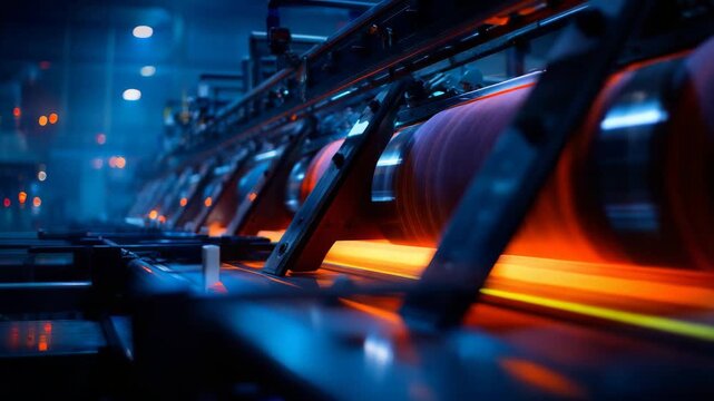 Industrial manufacturing process with glowing hot metal on a production line