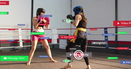 Sparring boxers trading jabs in gym ring, with headgear and gloves, yellow sash, pink shorts AR-HUD