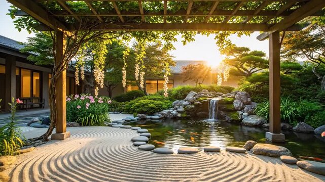 Serene japanese garden scene bathed in dawn light with raked gravel, lily flowers, and a soothing waterfall