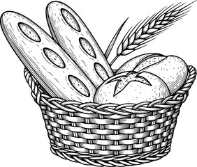 Obraz premium Vintage of a woven basket filled with fresh baked bread and wheat stalks food bakery