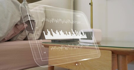 Displaying analytics panel hovering over bedside nightstand, covering phone speaker brass lamp
