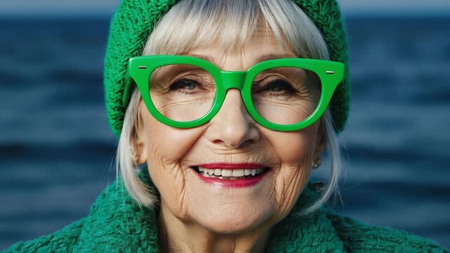 Stylish senior caucasian woman smiling in bright green eyeglasses and matching winter hat. Close up portrait of a happy and confident elderly person with a positive attitude on life