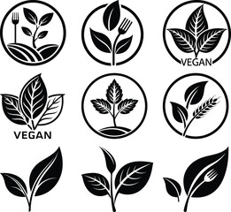 Collection of black and white vegan and organic food with leaves and forks symbol leaf