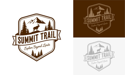 Mountain Trail Logo Design Featuring Deer and Trees in Various Color Schemes