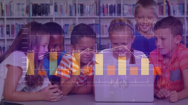 School students leaning center kid tapping purple laptop starting overlay charts updating learning
