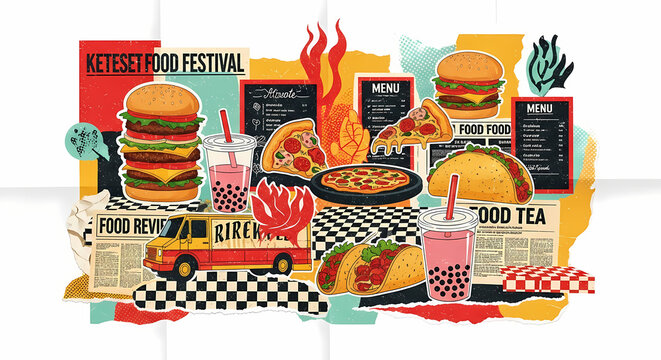 Retro street food festival collage with burgers pizza tacos and diner graphics in vintage halftone mixed media style for restaurant poster menu design and social media artwork