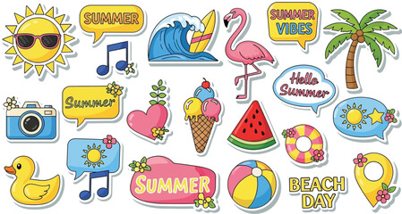 Fototapeta premium Colorful summer stickers with beach and vacation themes including flamingos ice cream and sunglasses