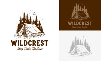 Camping illustrations showcasing tents surrounded by forest trees under a starry night sky