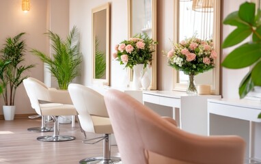 Fototapeta premium Elegant Salon Interior with Mirrors and Soft Pastel Lighting