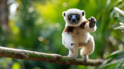 Fototapeta premium Lemur Leaping Gracefully Across a Branch in a Lush Green Jungle Setting