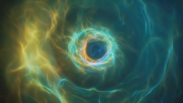 Abstract ethereal smoke vortex, swirling teal and gold energy tunnel, mystical nebula gas clouds spiraling in deep space, cinematic motion background