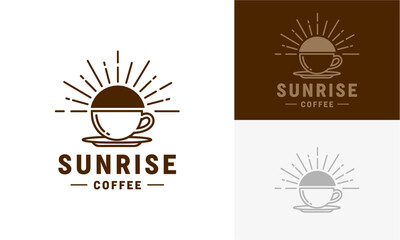 Coffee cup logo design with sunrise theme, symbolizing morning coffee, presented in various color schemes and styles