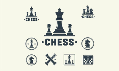 A collection of chess pieces and icons representing the game of chess, displayed in a graphic illustration from a straightforward viewpoint.