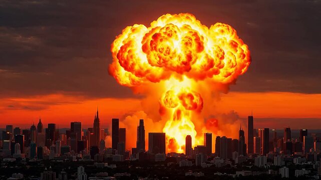 City explosion with mushroom cloud