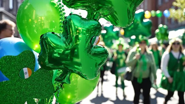 Green shamrock balloons in focus at St. Patrick's Day parade