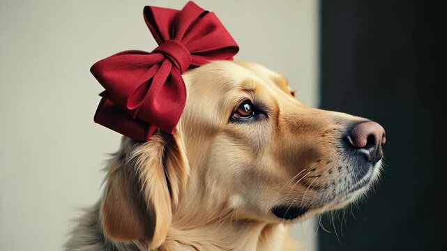 Portrait of a cute golden retriever wearing a large red bow for a celebration. A funny and adorable pet concept for holidays or birthdays in a wide panoramic banner format