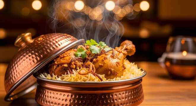 Steaming pot of aromatic biryani with tender chicken and fragrant rice in a modern warm lighting of a restaurant.