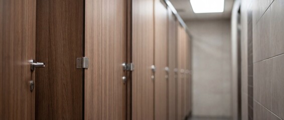 Obraz premium Interior view of a clean and modern row of wooden public restroom stalls