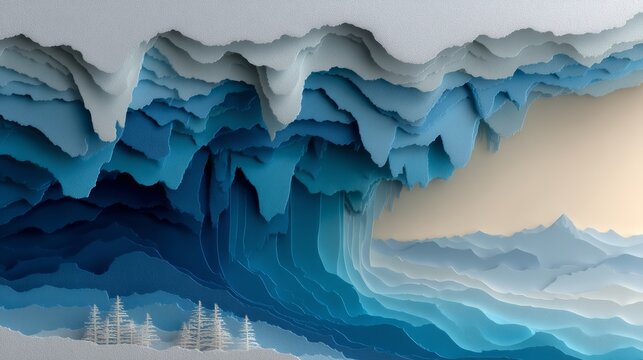 Artistic Layered Paper Illustration of a Melting Glacier Landscape