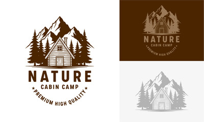 Cabin Camp Logos Featuring Mountains and Trees in Various Design Schemes