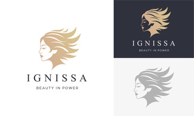 Elegant woman profile illustration with flowing hair in various metallic tones, showcasing beauty and style in a minimalist design concept.
