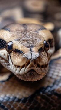 Striking macro shot of a snake's head, showcasing its captivating patterns and piercing gaze