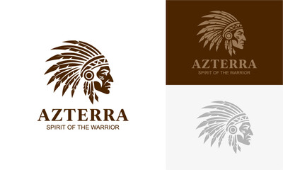 Collage of three warrior emblem designs with feathered headdresses in varying tones on different backgrounds