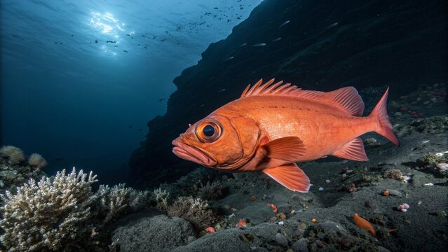 Deep-sea photograph of a bright orange Orange Roughy (Hoplostethus atlanticus) swimming near a cold-water coral reef on a seamount.