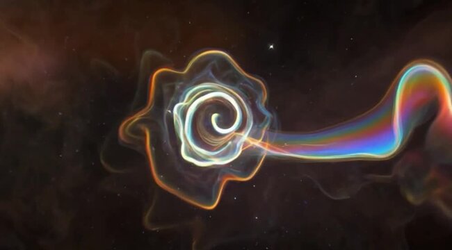 Abstract flowing iridescent smoke patterns illuminate a dark space with a vibrant multicolored glow