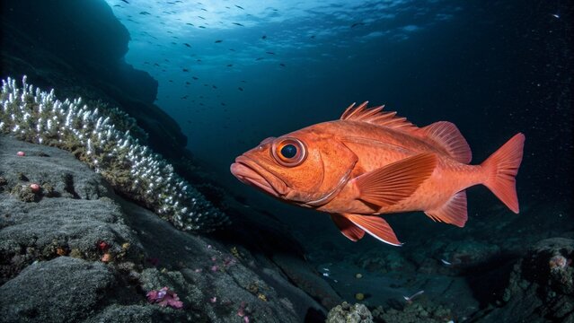 Deep-sea photograph of a bright orange Orange Roughy (Hoplostethus atlanticus) swimming near a cold-water coral reef on a seamount.