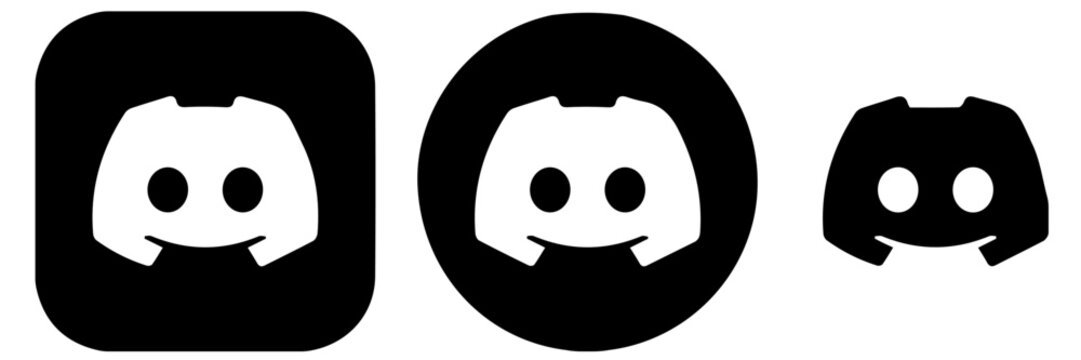 discord logo icon three size variations black rounded square mascot gaming community chat branding design isolated background.