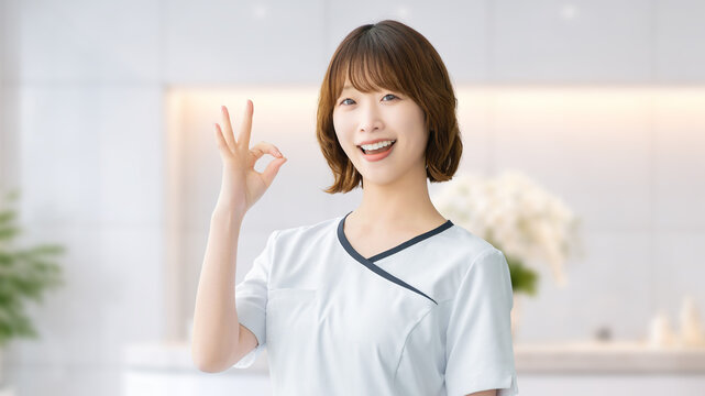美容サロンでOKサインをする笑顔の女性スタッフ,清潔感のあるエステイメージ, Smiling Female Staff Showing OK Sign at a Beauty Salon with Clean Interior