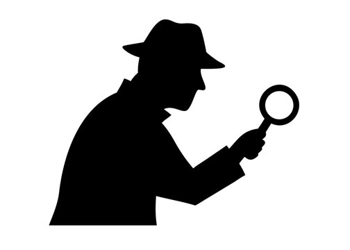 Ilustra&ccedil;&atilde;o em vetor do perfil da silhueta de um homem de neg&oacute;cios de chap&eacute;u e naipe segurando uma lupa como um empres&aacute;rio em busca de detalhes