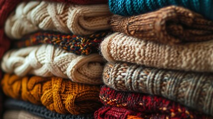 Fototapeta premium A photo of neatly stacked knitted sweaters.