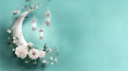 Artistic Sketch of a Crescent Moon with Hanging Lanterns and Floral Accents