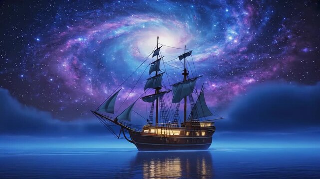 An old wooden sailing ship glides across a calm ocean at night under a vibrant cosmic sky. A fantasy voyage concept with a beautiful spiral galaxy and glowing nebula
